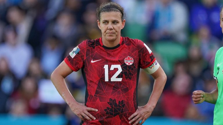 Canada's Christine Sinclair looks on during Group B soccer action against Nigeria at the FIFA Women's World Cup in Melbourne, Australia, Friday, July 21, 2023. (Scott Barbour/CP)