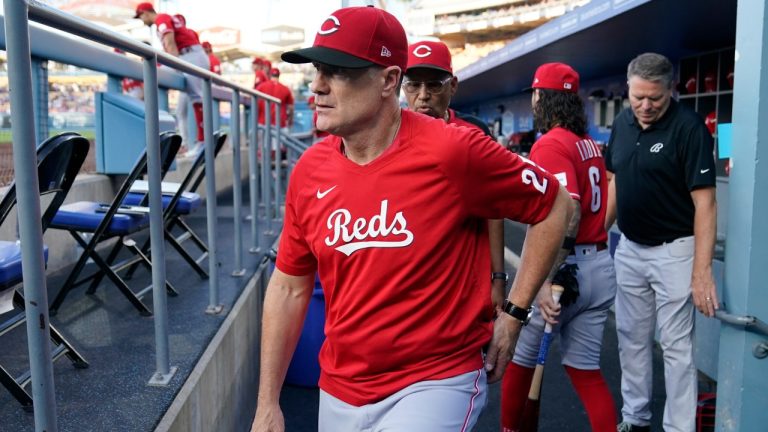 Cincinnati Reds manager David Bell (25) stands in the dugout before a baseball game against the Los Angeles Dodgers in Los Angeles, Friday, July 28, 2023. (Ashley Landis/AP)