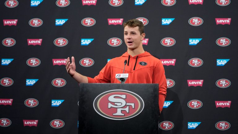 San Francisco 49ers quarterback Brock Purdy speaks to reporters after the NFL football team's practice Tuesday, May 23, 2023, in Santa Clara, Calif. (Godofredo A. Vásquez/AP)