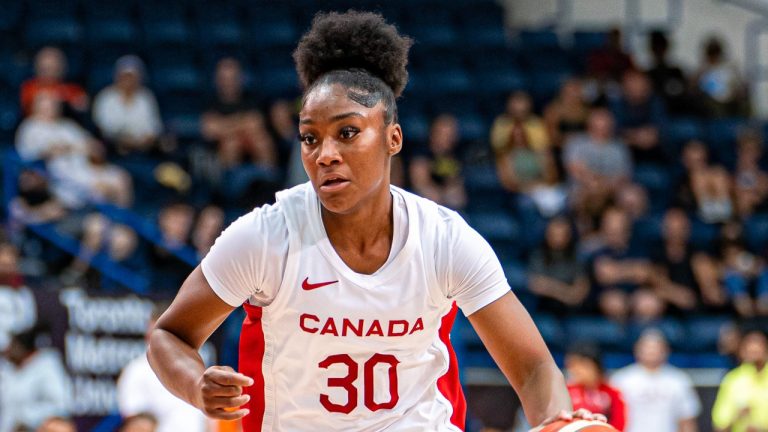 Canada's Shy-Day Wilson heads up the court in GLOBL JAM action against Puerto Rico on July 15. (Canada Basketball Photo)