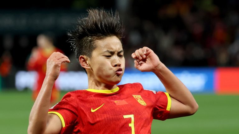 China's Wang Shuang celebrates after scoring the opening goal from the penalty spot during the Women's World Cup Group D soccer match between China and Haiti in Adelaide, Australia, Friday, July 28, 2023. (James Elsby/AP Photo)