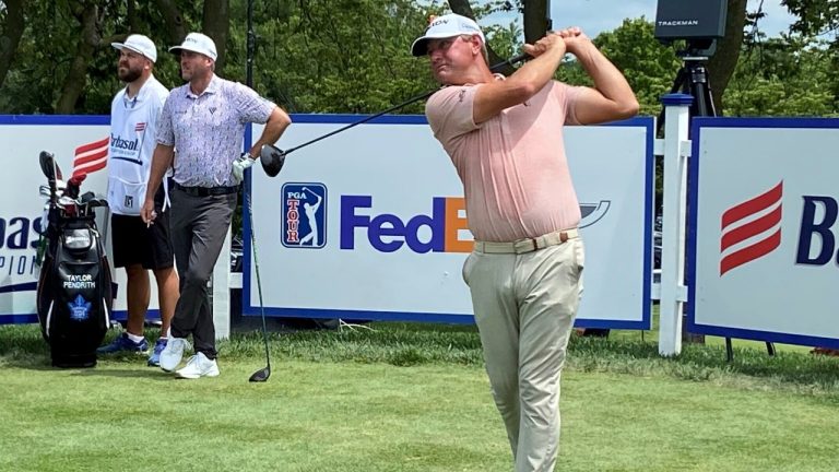 Lucas Glover tees off on the first hole at the Barbasol Championship golf tournament in Nicholasville, Ky. Thursday, July 13, 2023. (Cameron Drummond/Lexington Herald-Leader via AP)
