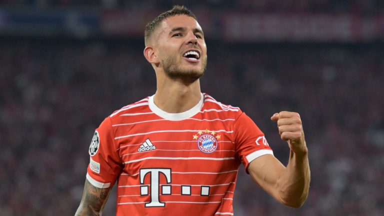 Bayern's Lucas Hernandez celebrates after scoring his side's opening goal during the Champions League, group C soccer match between Bayern Munich and Barcelona at the Allianz Arena in Munich, Germany, Tuesday, Sept. 13, 2022. (Andreas Schaad/AP)
