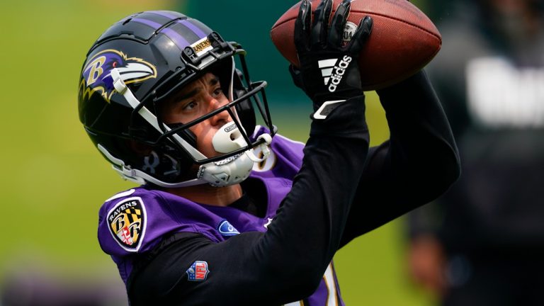 Baltimore Ravens wide receiver Andy Isabella works out during the team's NFL football practice, Tuesday, June 6, 2023, in Owings Mills, Md. (Julio Cortez/AP)