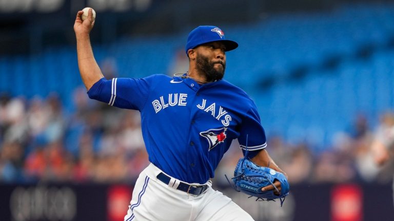 Toronto Blue Jays relief pitcher Jay Jackson (35) throws against the Houston Astros in first inning American League MLB baseball action in Toronto on Monday, June 5, 2023. (Andrew Lahodynskyj/CP)