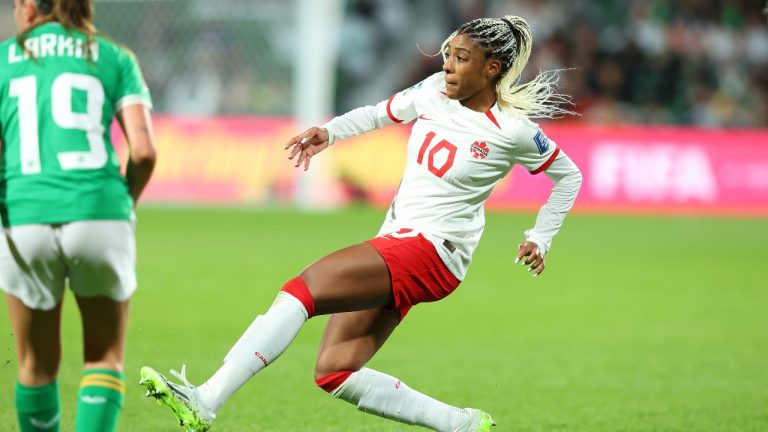 Ashley Lawrence of Canada follows through on a kick against Ireland during second half action of their Group B match at the FIFA Women's World Cup in Perth, Australia, Wednesday, July 26, 2023. (James Worsfold//THE CANADIAN PRESS)