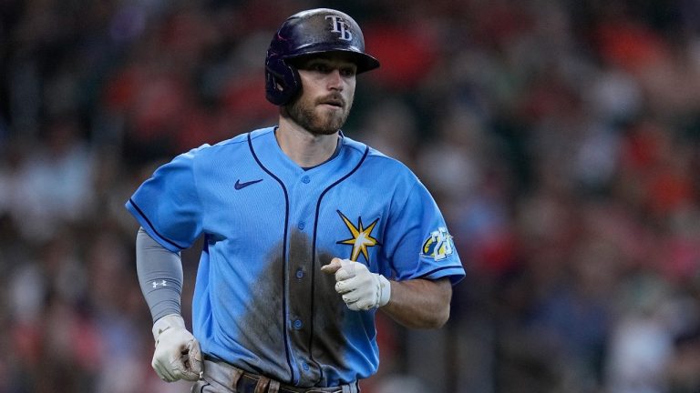 Tampa Bay Rays' Brandon Lowe runs the bases after hitting a two-run home run during the sixth inning of a baseball game against the Houston Astros, Sunday, July 30, 2023, in Houston. (Kevin M. Cox/AP)
