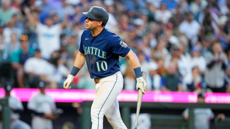 Seattle Mariners' Jarred Kelenic reacts to an out against the Minnesota Twins during a baseball game, Tuesday, July 18, 2023, in Seattle. (Lindsey Wasson/AP)