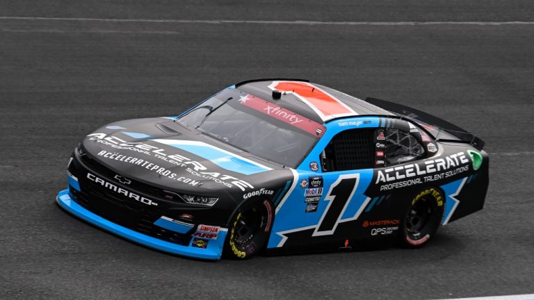 Sam Mayer (1) steers through Turn 1 during a NASCAR Xfinity qualifying session at Charlotte Motor Speedway on Friday, May 26, 2023, in Concord, N.C. (Matt Kelley/AP)