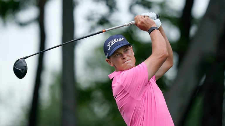 Vincent Norrman, of Sweden, hits a tee shot on the second hole during the final round of the Byron Nelson golf tournament in McKinney, Texas, Sunday, May 14, 2023. (LM Otero/AP Photo)
