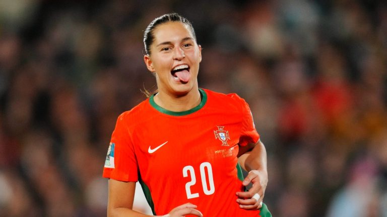 Portugal's Kika Nazareth celebrates after scoring her side's 2nd goal during the Women's World Cup Group E soccer match between Portugal and Vietnam in Hamilton, New Zealand, Thursday, July 27, 2023. (Abbie Parr/AP Photo)