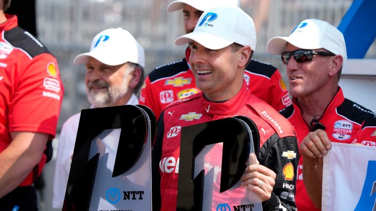 Will Power, of Australia, reacts after winning the pole position for an IndyCar Series auto race, Saturday, July 22, 2023, at Iowa Speedway in Newton, Iowa. (Charlie Neibergall/AP)