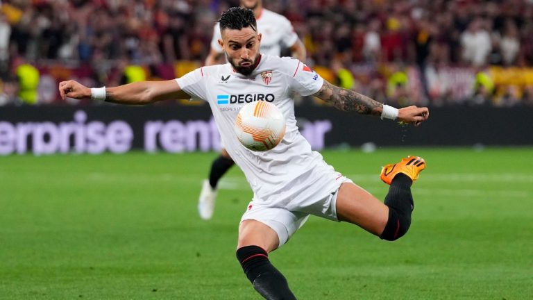 Sevilla's Alex Telles attempts a shot at goal during the Europa League final soccer match between Sevilla and Roma, at the Puskas Arena in Budapest, Hungary, Wednesday, May 31, 2023. (Petr David Josek/AP)
