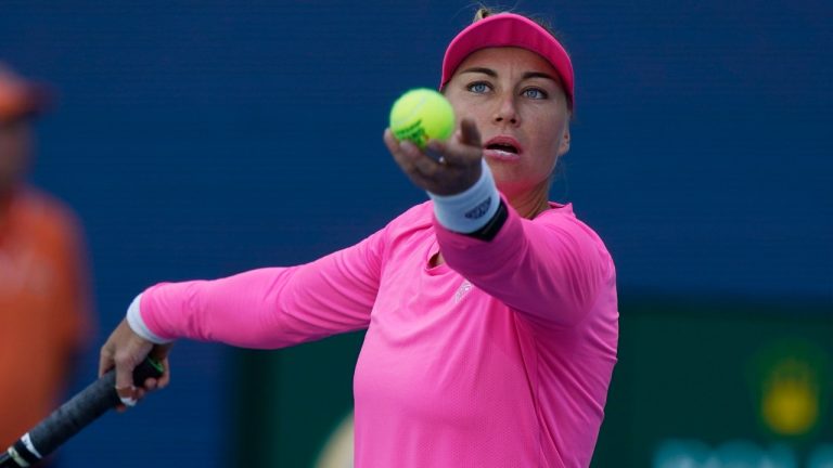 Vera Zvonareva, of Russia, serves against Danielle Collins during the Miami Open tennis tournament, Saturday, March 26, 2022, in Miami Gardens, Fla. (Marta Lavandier/AP)