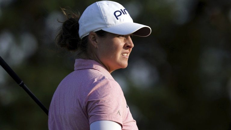USA's Ally Ewing tees off the 18th during day one of the 2023 AIG Women's Open at Walton Heath, Surrey, England, Thursday, Aug. 10, 2023. (John Walton/PA via AP)