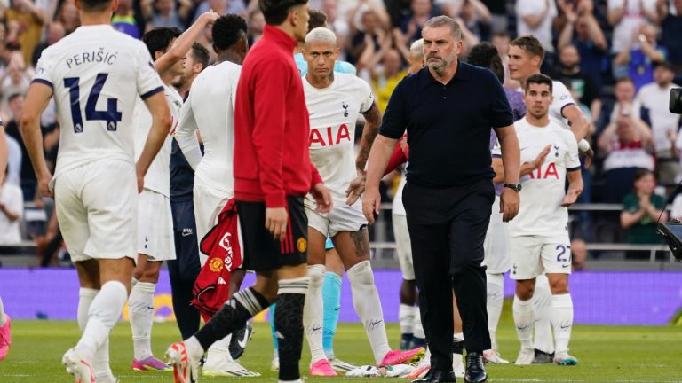 Tottenham's head coach Ange Postecoglou, second from right, celebrates with his team as they won the Premier League soccer match between Tottenham Hotspur and Manchester United at the Tottenham Hotspur Stadium in London, England, Saturday, Aug. 19, 2023. (Alberto Pezzali/AP)