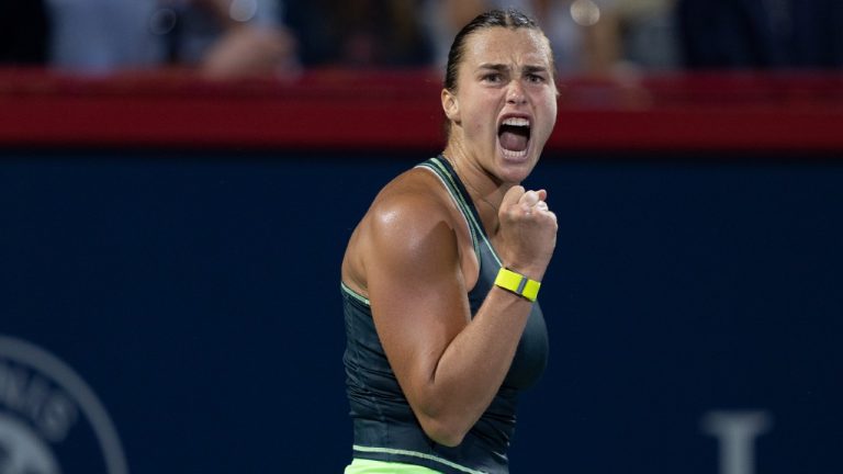 Aryna Sabalenka of Belarus reacts during her game against Petra Martic of Croatia during the National Bank Open tennis tournament in Montreal, Wednesday, Aug. 9, 2023. (Christinne Muschi/CP)