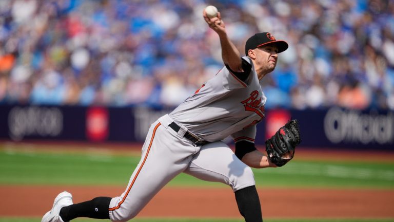 Baltimore Orioles starting pitcher Jack Flaherty (15) pitches to the Toronto Blue Jays during the first inning of MLB baseball action in Toronto on Thursday Aug. 3, 2023. (CP)