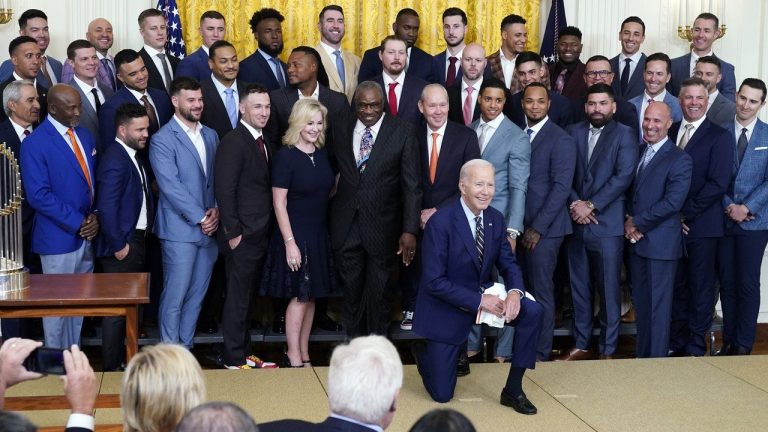 President Joe Biden poses for a photo during an event celebrating the 2022 World Series champion Houston Astros baseball team in the East Room of the White House, Monday, Aug. 7, 2023, in Washington. (Jacquelyn Martin/AP)