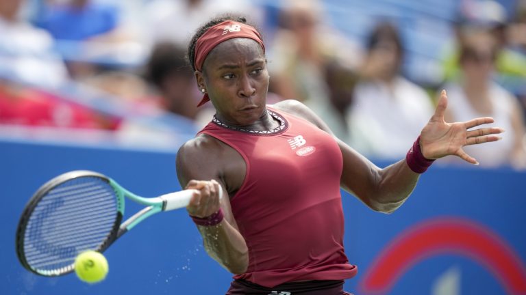 Coco Gauff, of the United States, hits the ball. (Alex Brandon/AP)