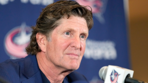 Mike Babcock addresses the media after the Columbus Blue Jackets introduced him as the head coach during a news conference on Saturday, July 1, 2023 in Columbus, Ohio. (Kyle Robertson/The Columbus Dispatch via AP)