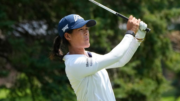 Celine Boutier of France drives off the 11th tee during the third round of the Dow Great Lakes Bay Invitational golf tournament at Midland Country Club, Friday, July 21, 2023, in Midland, Mich. (Carlos Osorio/AP)