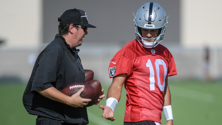 Las Vegas Raiders quarterback Jimmy Garoppolo asks for a ball during practice at an NFL football training camp Saturday, July 29, 2023, in Henderson, Nev. (AP)