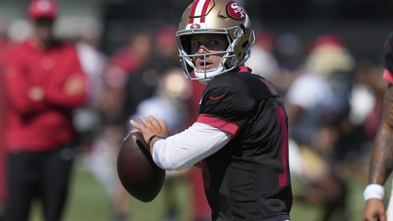 San Francisco 49ers quarterback Brock Purdy takes part in drills during the NFL team's football training camp in Santa Clara, Calif., Monday, July 31, 2023. (Jeff Chiu/AP)