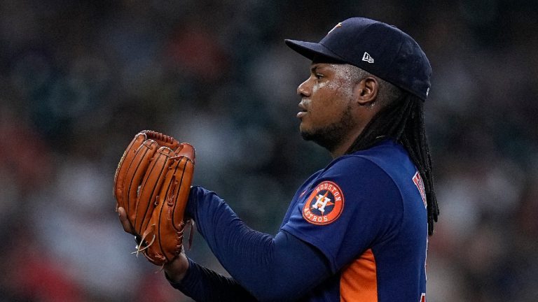 Houston Astros starting pitcher Framber Valdez looks in at the plate during the second inning of a baseball game against the Cleveland Guardians, Tuesday, Aug. 1, 2023, in Houston. (Kevin M. Cox/AP)