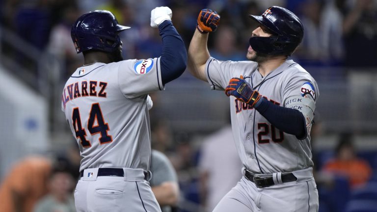 Houston Astros' Chas McCormick (20) celebrates with Houston Astros' Yordan Alvarez (44) after McCormick hit a home run scoring Alvarez during the first inning of a baseball game against the Miami Marlins, Wednesday, Aug. 16, 2023, in Miami. (Wilfredo Lee/AP)