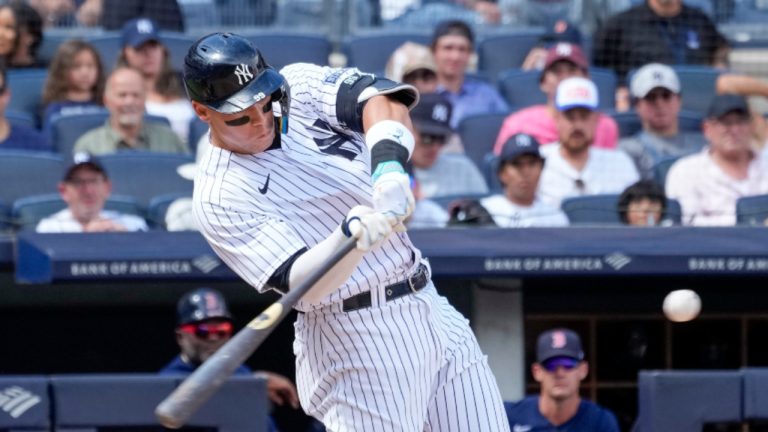 New York Yankees' Aaron Judge hits a solo home run in the sixth inning of a baseball game against the Boston Red Sox, Saturday, Aug. 19, 2023, in New York. (AP Photo/Mary Altaffer) 