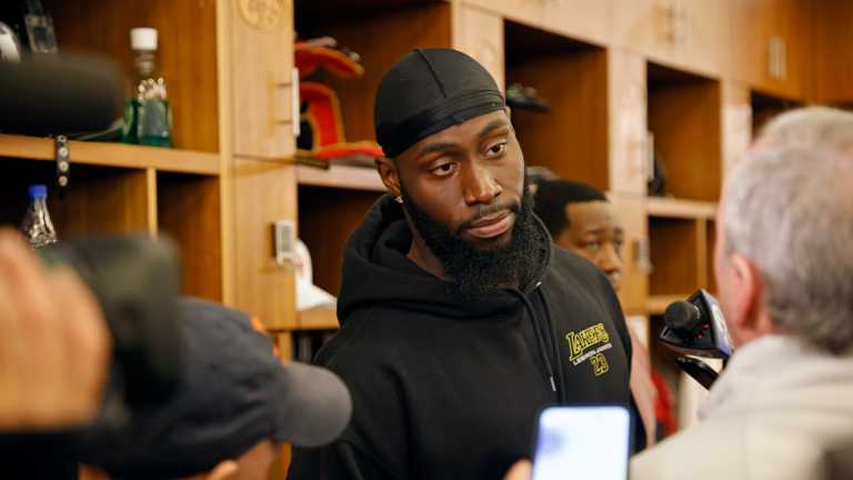 Charles Omenihu is interviewed by members of the news media inside the 49ers' locker room at Levi's Stadium in Santa Clara, Calif., Tuesday, Jan. 31, 2023. (AP)