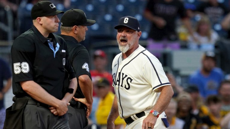 Pittsburgh Pirates manager Derek Shelton, right, argues with home plate umpire Nic Lentz (59) after being ejected during the sixth inning as his team takes on the Cincinnati Reds in the second baseball game of a doubleheader in Pittsburgh, Sunday, Aug. 13, 2023. (Matt Freed/AP)