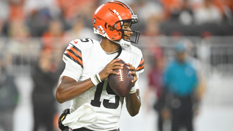 Cleveland Browns quarterback Joshua Dobbs looks to pass during a preseason NFL football game against the Washington Commanders on Friday, Aug. 11, 2023, in Cleveland. Washington won 17-15. (David Richard/AP)