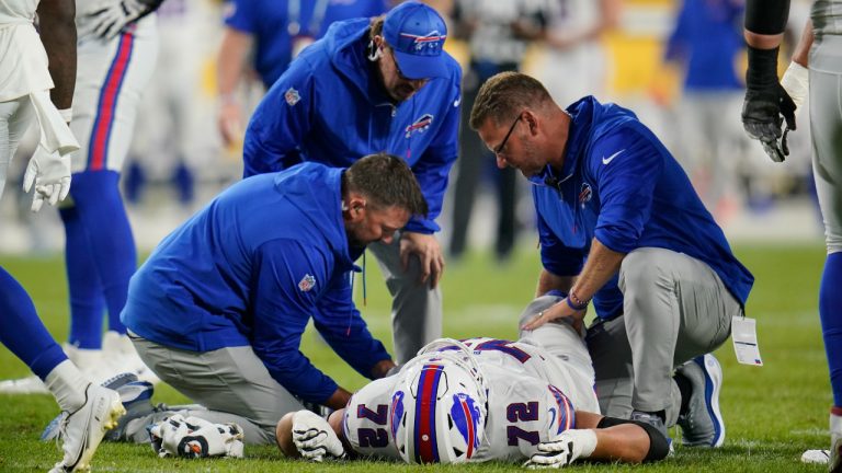 Buffalo Bills offensive tackle Tommy Doyle (72) lays on the field after an injury in the second half of an NFL preseason football game against the Pittsburgh Steelers, in Pittsburgh, Saturday, Aug. 19, 2023. (Gene Puskar/AP)