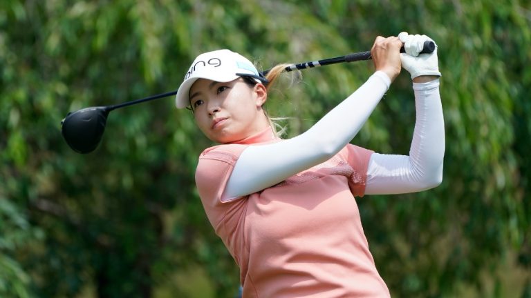Hinako Shibuno of Japan drives off the 17th tee during the second round of the Dana Open golf tournament at Highland Meadows Golf Club, Friday, July 14, 2023, in Sylvania, Ohio. (Carlos Osorio/AP)