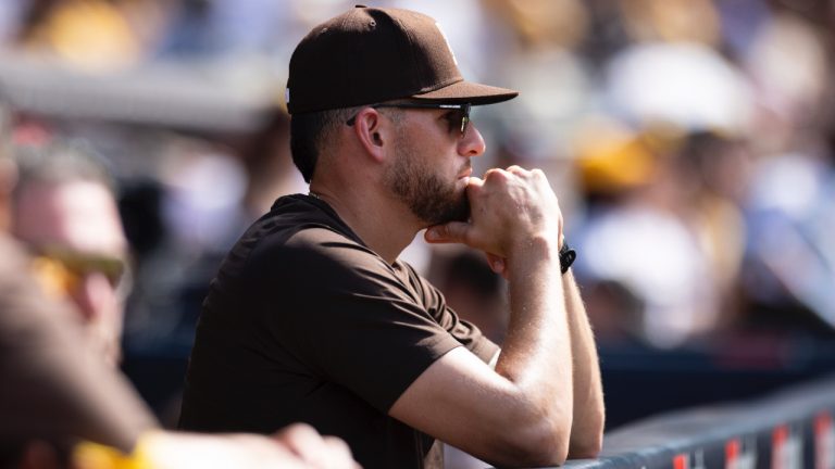 San Diego Padres' Joe Musgrove looks out from the dugout during a baseball game against the Texas Rangers Sunday, July 30, 2023, in San Diego. (Derrick Tuskan/AP)