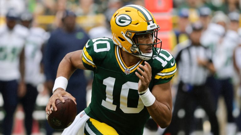 Green Bay Packers quarterback Jordan Love (10) scrambles up field in the first half of a preseason NFL football game against the Seattle Seahawks, Saturday, Aug. 26, 2023, in Green Bay, Wis. (Mike Roemer/AP)