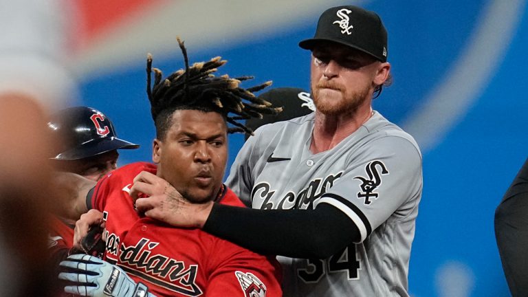 hicago White Sox's Michael Kopech, right, holds back Cleveland Guardians' Jose Ramirez, second from right, as Ramirez and Tim Anderson fight in the sixth inning of a baseball game Saturday, Aug. 5, 2023, in Cleveland. (Sue Ogrocki/AP)