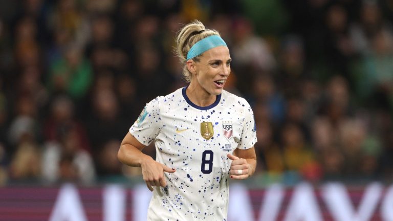 United States' Julie Ertz in action during the Women's World Cup round of 16 soccer match between Sweden and the United States in Melbourne, Australia, Sunday, Aug. 6, 2023. (Hamish Blair/AP)