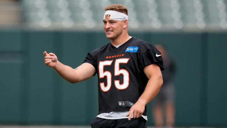 Cincinnati Bengals linebacker Logan Wilson gestures during practice at the team's NFL training facility. (AP Photo/Jeff Dean)