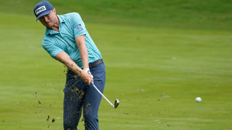 Mackenzie Hughes hits from the fifth fairway during the first round of the St. Jude Championship golf tournament Thursday, Aug. 10, 2023, in Memphis, Tenn. (George Walker IV/AP)