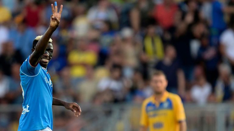Napoli's Victor Osimhen reacts during the Serie A soccer match between Frosinone Calcio and SSC Napoli, at the Benito Stirpe stadium in Frosinone, Italy, Saturday Aug. 19, 2023. (Alfredo Falcone/LaPresse via AP)