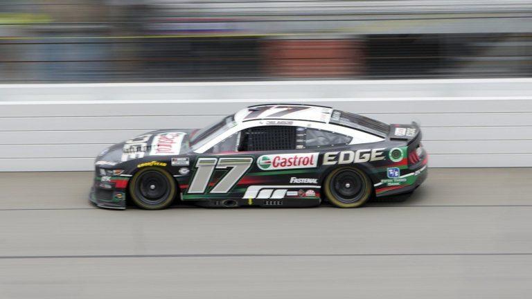 Chris Buescher drives during a NASCAR Cup Series auto race at Michigan International Speedway in Brooklyn, Mich., Monday, Aug. 7, 2023. (Paul Sancya/AP)