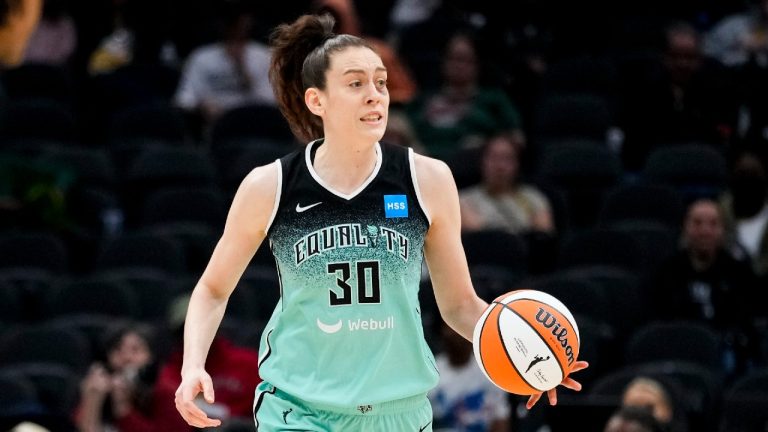 New York Liberty forward Breanna Stewart (30) moves the ball against the Seattle Storm during the second half of a WNBA basketball game, Tuesday, May 30, 2023, in Seattle. (Lindsey Wasson/AP)