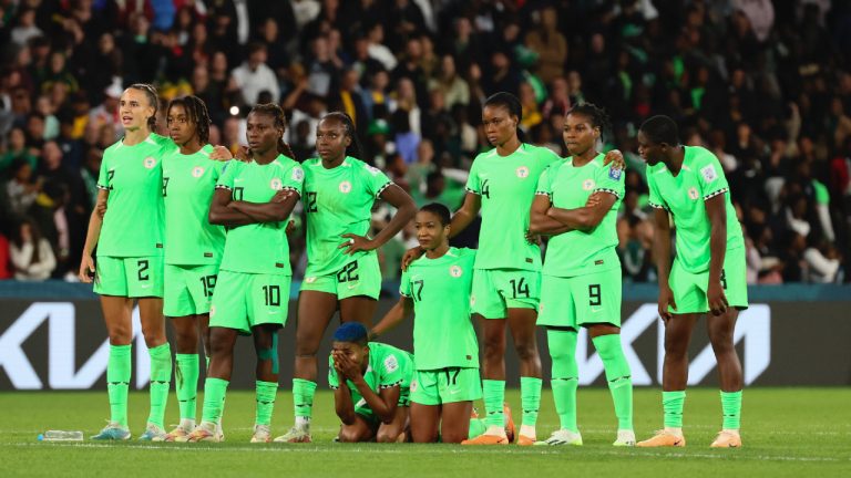 Nigeria's players hug during a penalty shootout during the Women's World Cup round of 16 soccer match between England and Nigeria in Brisbane, Australia, Monday, Aug. 7, 2023. (Tertius Pickard/AP)