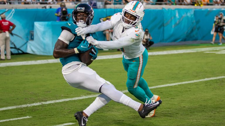 Jacksonville Jaguars wide receiver Calvin Ridley (0) makes a catch in front of Miami Dolphins cornerback Noah Igbinoghene (9) during a NFL football game at EverBank Stadium. (Alex Menendez/AP)