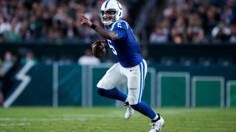 Indianapolis Colts quarterback Anthony Richardson gestures during the first half of an NFL preseason football game against the Philadelphia Eagles on Thursday, Aug. 24, 2023, in Philadelphia. (Matt Slocum/AP)