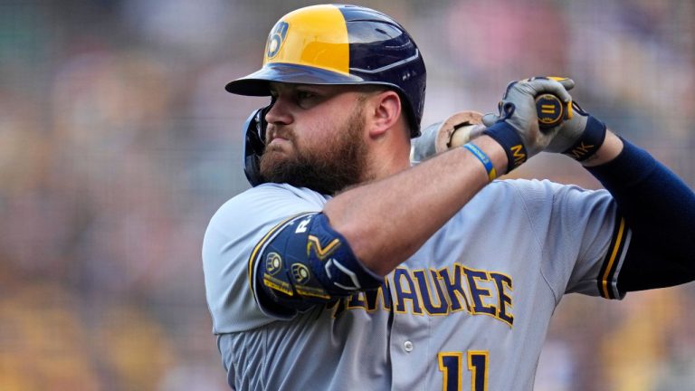 Milwaukee Brewers' Rowdy Tellez waits on deck during the first inning of a baseball game against the Pittsburgh Pirates in Pittsburgh, Friday, June 30, 2023. (Gene J. Puskar/AP Photo)
