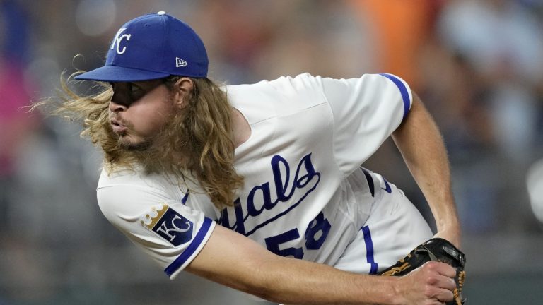 Former Kansas City Royals relief pitcher Scott Barlow throws during the ninth inning of a baseball game against the Minnesota Twins Saturday, July 29, 2023, in Kansas City, Mo. The Royals won 10-7. (Charlie Riedel/AP)